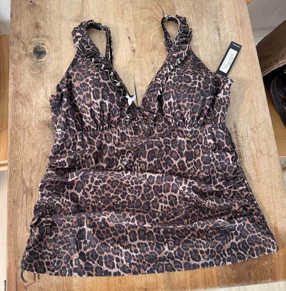 Nicole Miller Women's 2X Cheetah Brown Animal Print Ruffle Tankini Top Slimming